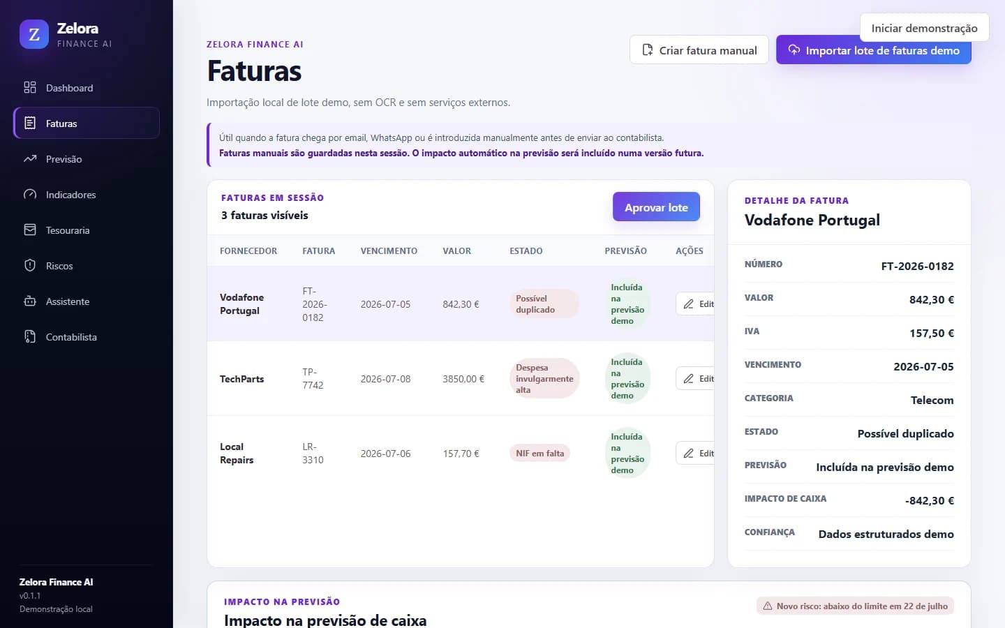 Lote de faturas com impacto na previsão de caixa do Zelora Finance AI.